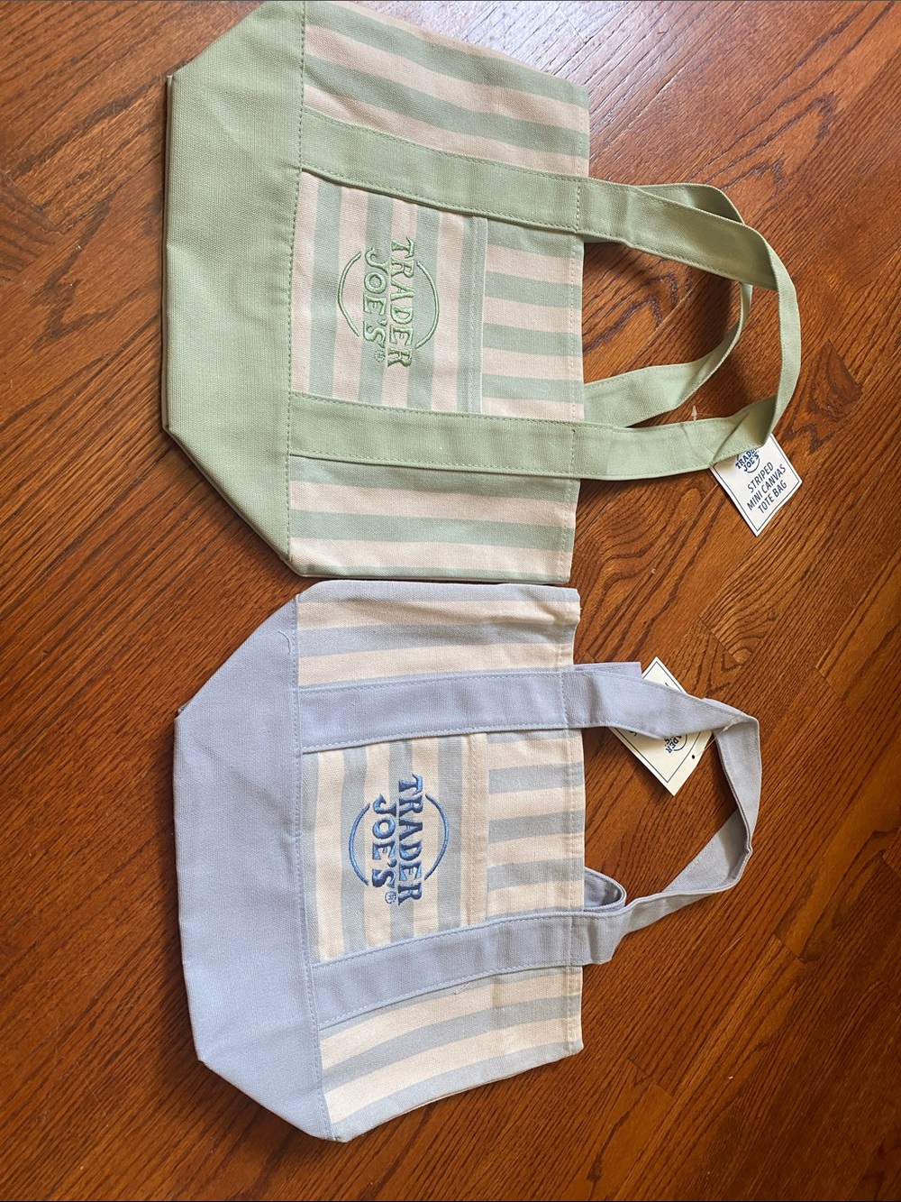 Set of  Two  Trader Joe's Striped Canvas Tote Pair - Mint Green & Light Blue